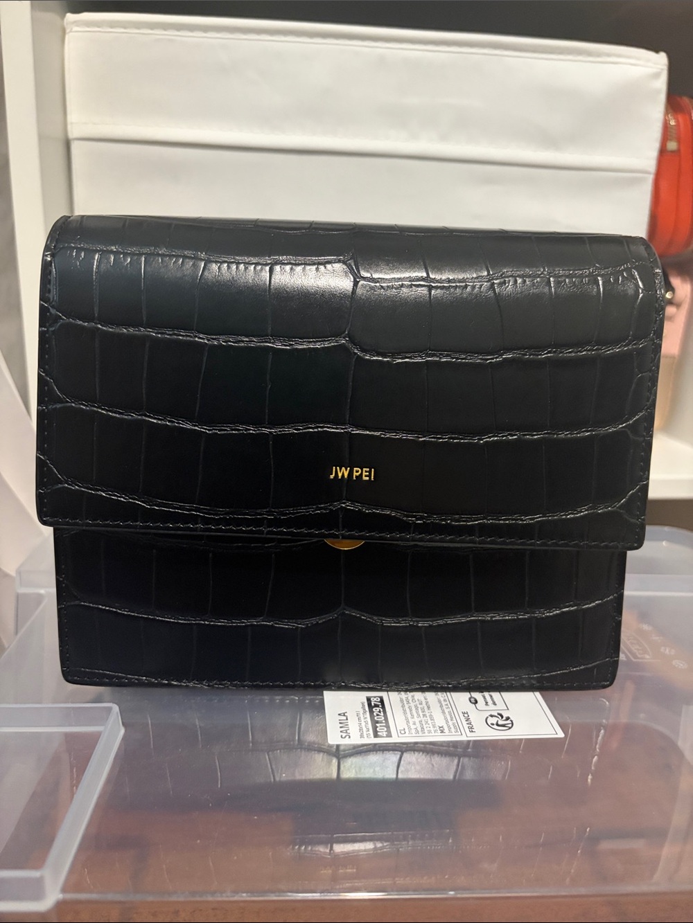 JW PEI Black Croc-Embossed Crossbody Bag with Gold Detail